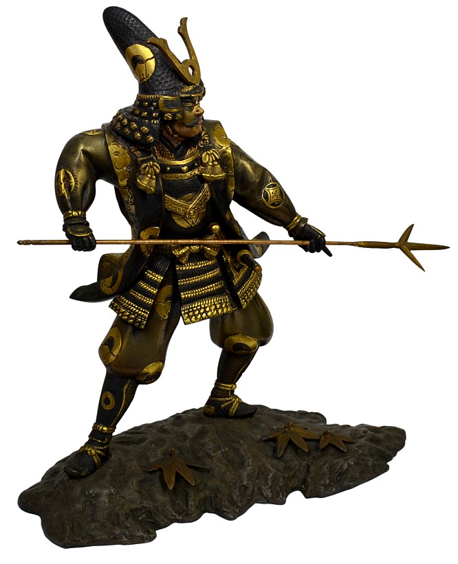 японская антикварная бронзовая фигура Самурая с копьем и мечом 