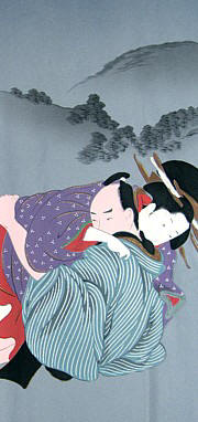 японское мужское  шелковое кимоно с эротическим рисунком