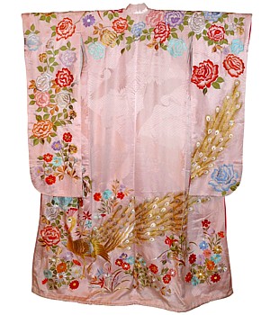 японское шелковое кимоно невесты с  вышивкой, винтаж