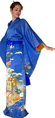 японское старинное кимоно из шелка с авторской росписью