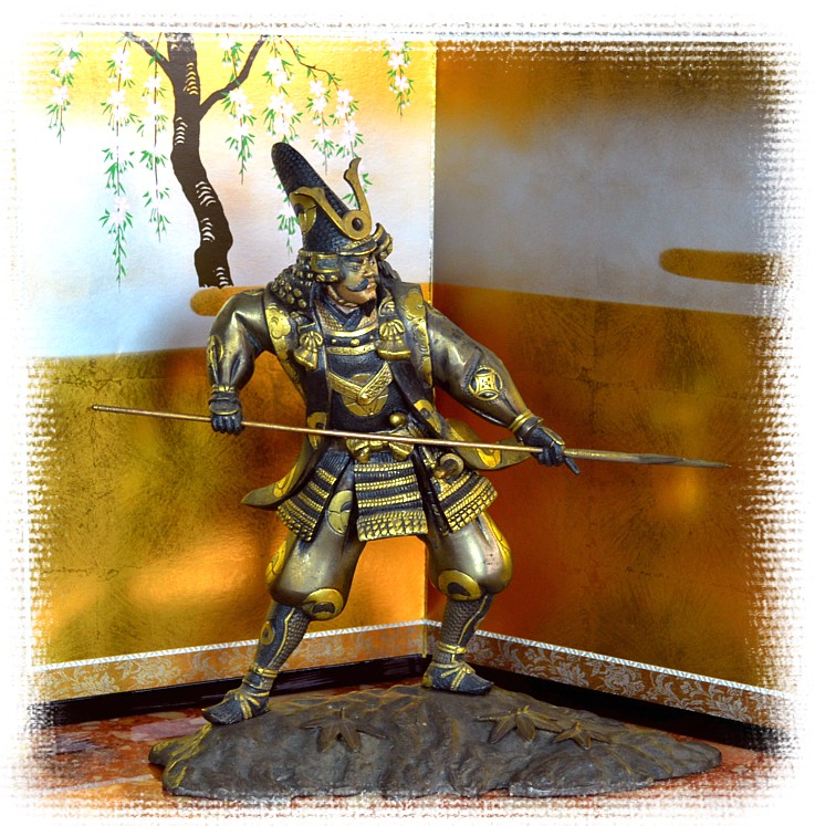 японский антиквариат: самурай с копьем, бронза, конец эпохи Эдо